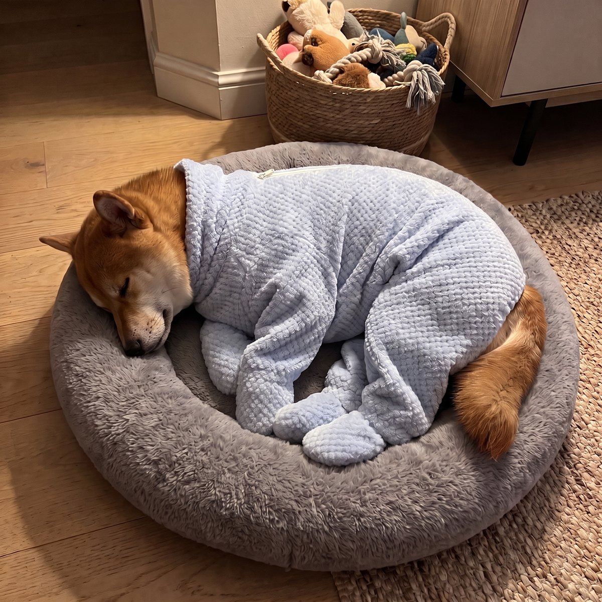 FluffDry dog bathrobe – dog sleeping dry in its bed