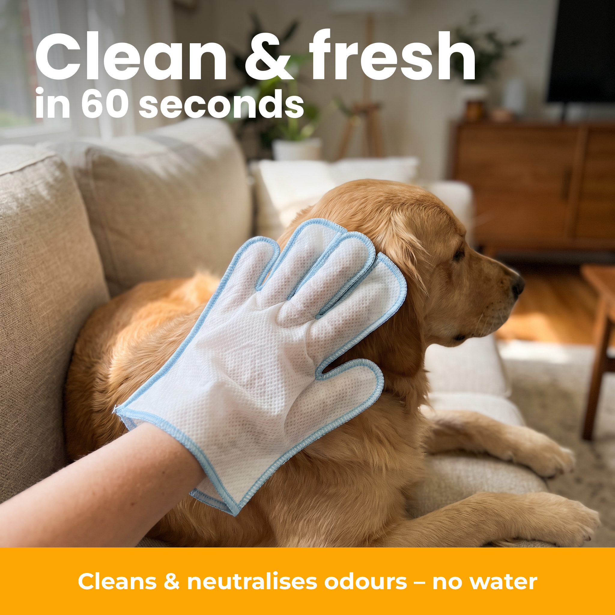 [en] Cleaning glove wiping a dog on the sofa in 60 seconds