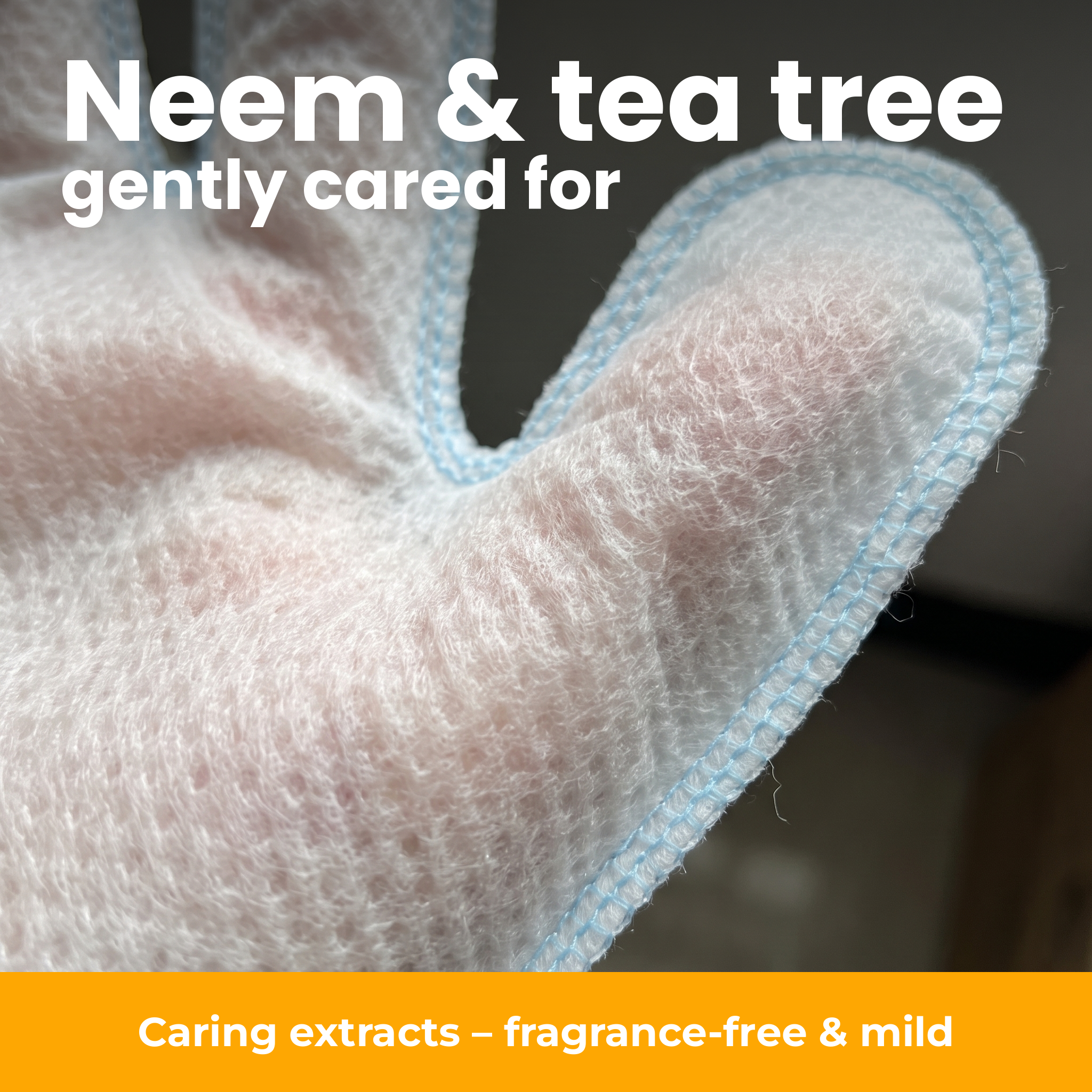 [en] Close-up of the soft non-woven fabric with neem and tea tree