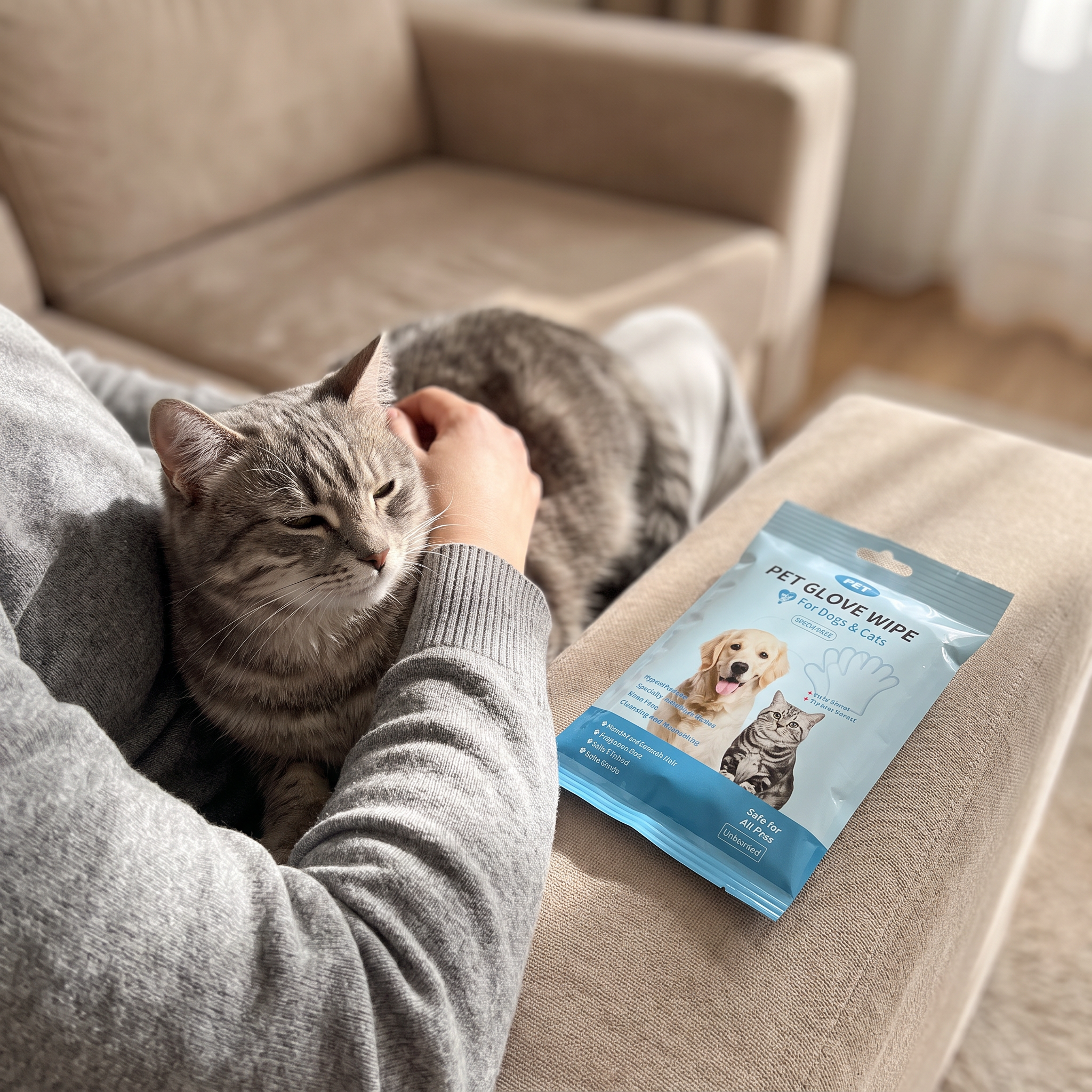 Katze wird gestreichelt, FreshFur Reinigungshandschuh-Packung daneben