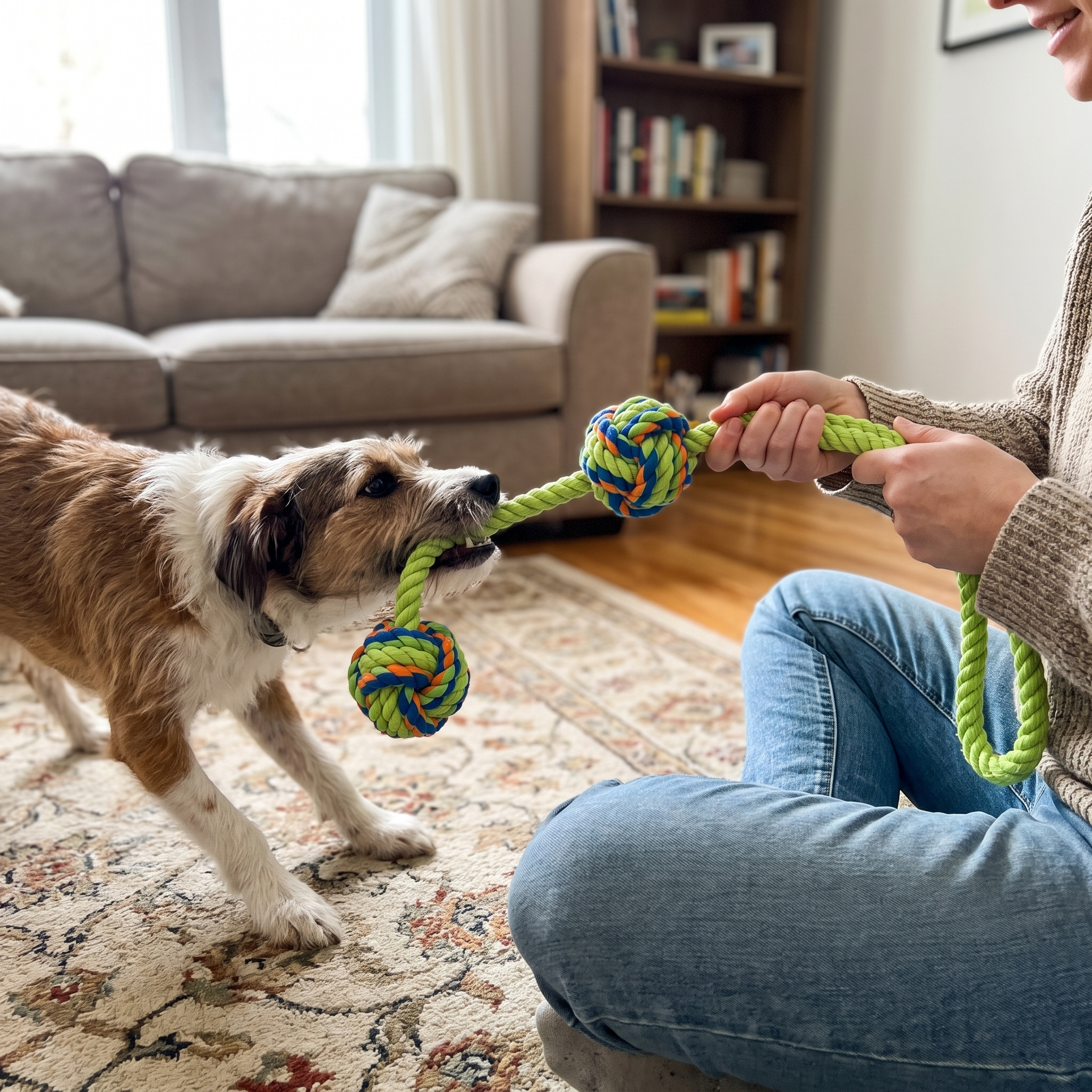 KauStark Zerrspiel mit Hund im Wohnzimmer