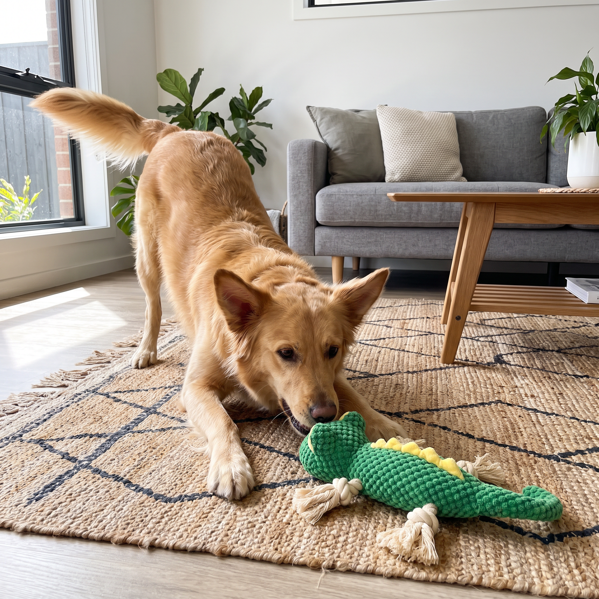 Hund spielt mit dem KnabberEchse Gecko-Spielzeug