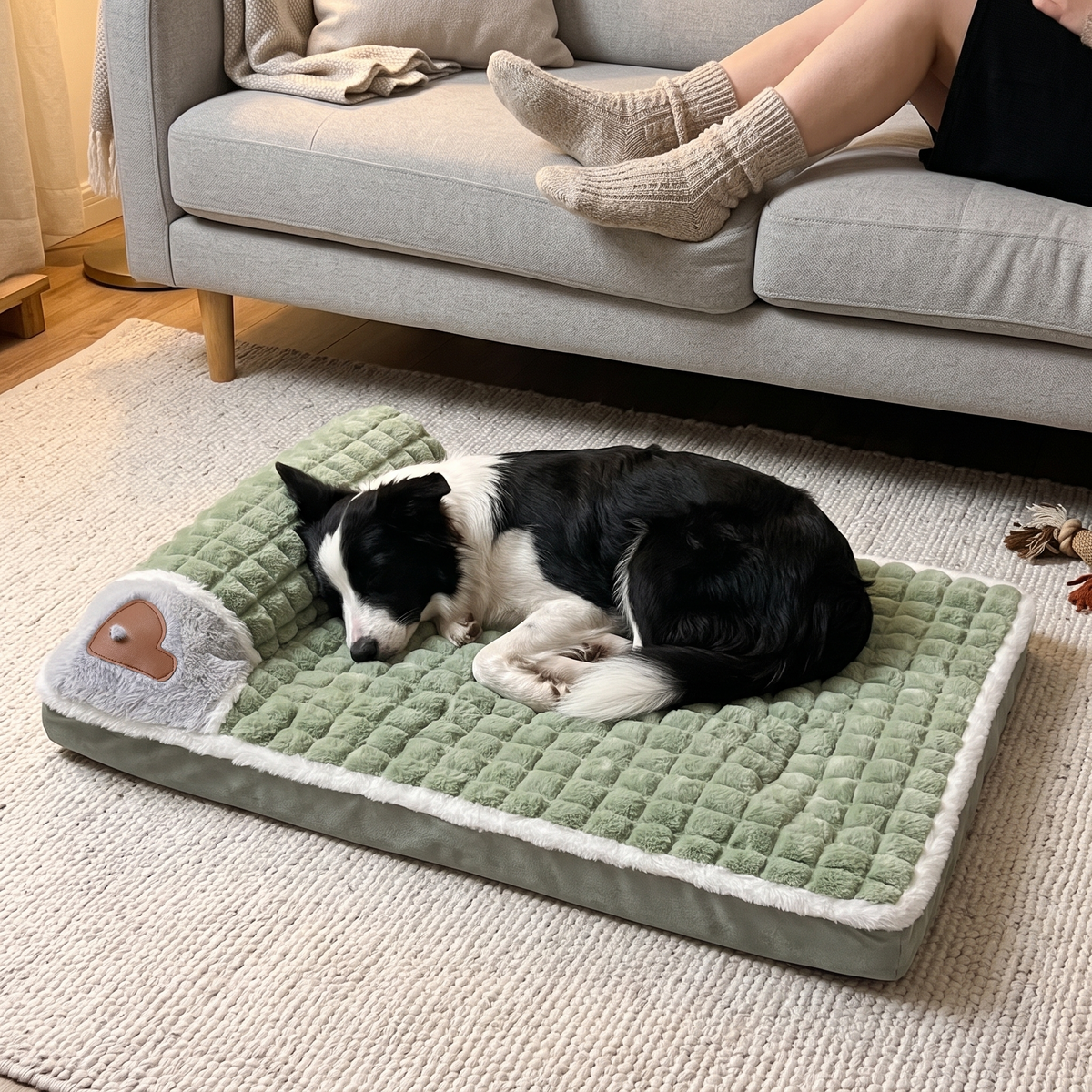 Border Collie sleeping on the SnugPad dog mat next to the sofa